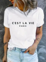 Paris Print Crew Neck T-shirt, Casual Short Sleeve T-shirt for Spring & Summer Women's Clothing Tops Aesthetic Clothes
