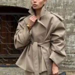 Solid Laepl Lace Up Trench Coat Women Fashion Full Sleeve Waist Cinching Short Windbreak 2026 New Autumn Office Commute Outwear