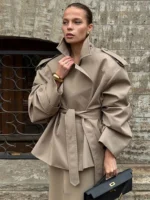 Solid Laepl Lace Up Trench Coat Women Fashion Full Sleeve Waist Cinching Short Windbreak 2026 New Autumn Office Commute Outwear