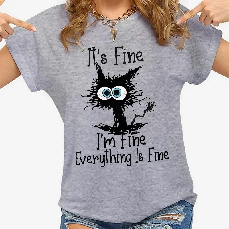 S42f7ce79abe7467fbcb3ccf8cc2dd763w-1.webp Women Clothes Cat It's Fine I'm Fine Everything Is Fine Print T-shirts Summer Casual Fashion Personalized Woman Clothing - Image 1