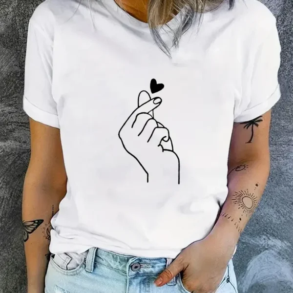 90s Finger Tshirt Heart Print T-Shirt Short Sleeve Crew Neck Casual Top for Summer Spring Women’s Clothing Top Tee