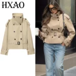 HXAO Crop Khaki Windbreaker Women's Jacket Autumn Fashion Stand Collar Long Sleeve Trench Coat Double-Breasted Belt Outerwears