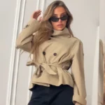 HXAO Crop Khaki Windbreaker Women's Jacket Autumn Fashion Stand Collar Long Sleeve Trench Coat Double-Breasted Belt Outerwears - Image 5