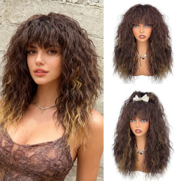 New Arrival Wig Natural Wool Curly Bangs Synthetic Full Head Wig Cap Heat Resistant Fiber Curly Hair Wig for Women Daily Style