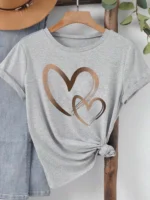 Summer New Fashion Women's Heart Printed T-shirt Trendy Casual Round Neck Top Short Sleeves Women T-shirt Women Clothing - Image 3