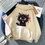 2025 Black Sarcastic Cat with Red Bow Printed Hoodies Clothes Women's Winter Graphic Hooded Vintage Y2k Sweatshirts Pullovers - Image 2
