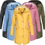 Women Casual Solid Color Long Coat Waterproof Zipper Rain Jacket Solid Color Outdoor Mountaineering Hooded Windproof Windbreaker - Image 6