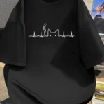 Funny Cat Heartbeat Graphic T Shirt Women Men Summer Casual Short Sleeve Crew Neck Loose Tee Kawaii Kitten Harajuku Top