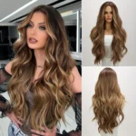 Light Brown Blonde Long Wavy Middle Part Hair Daily Natural Wavy Heat Resistant Fiber for Women Brown Highlight Synthetic Wig