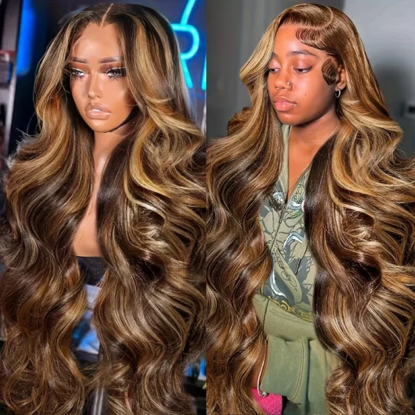 P4/27 Highlight  Brown Body Wave 13×6 Human Hair Wig Honey Blonde Colored 13×4 HD Lace PrePlucked 40 46 Inch Wigs For Women