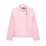 YENKYE Front Wrap With Buttons Pink Jacket Women Long Sleeve High Neck Streetwear Loose Coat - Image 7