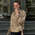 HXAO Crop Khaki Windbreaker Women's Jacket Autumn Fashion Stand Collar Long Sleeve Trench Coat Double-Breasted Belt Outerwears - Image 6
