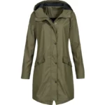 Women Casual Solid Color Long Coat Waterproof Zipper Rain Jacket Solid Color Outdoor Mountaineering Hooded Windproof Windbreaker