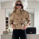 HXAO Crop Khaki Windbreaker Women's Jacket Autumn Fashion Stand Collar Long Sleeve Trench Coat Double-Breasted Belt Outerwears - Image 4