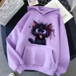 2025 Black Sarcastic Cat with Red Bow Printed Hoodies Clothes Women's Winter Graphic Hooded Vintage Y2k Sweatshirts Pullovers - Image 6
