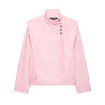 YENKYE Front Wrap With Buttons Pink Jacket Women Long Sleeve High Neck Streetwear Loose Coat