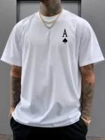 Summer men's 100% pure cotton casual sports loose oversized retro spade A printed comfortable round neck short sleeved T-shirt - Image 3