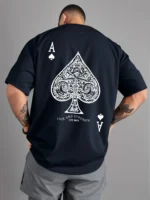 Summer men's 100% pure cotton casual sports loose oversized retro spade A printed comfortable round neck short sleeved T-shirt