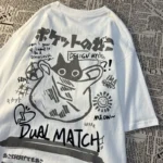 Summer Retro Pocket Cat Cartoon Printed Short Sleeve T-shirt Male Female Couples Unisex College Style Oversized Top - Image 3