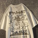 Summer Retro Pocket Cat Cartoon Printed Short Sleeve T-shirt Male Female Couples Unisex College Style Oversized Top