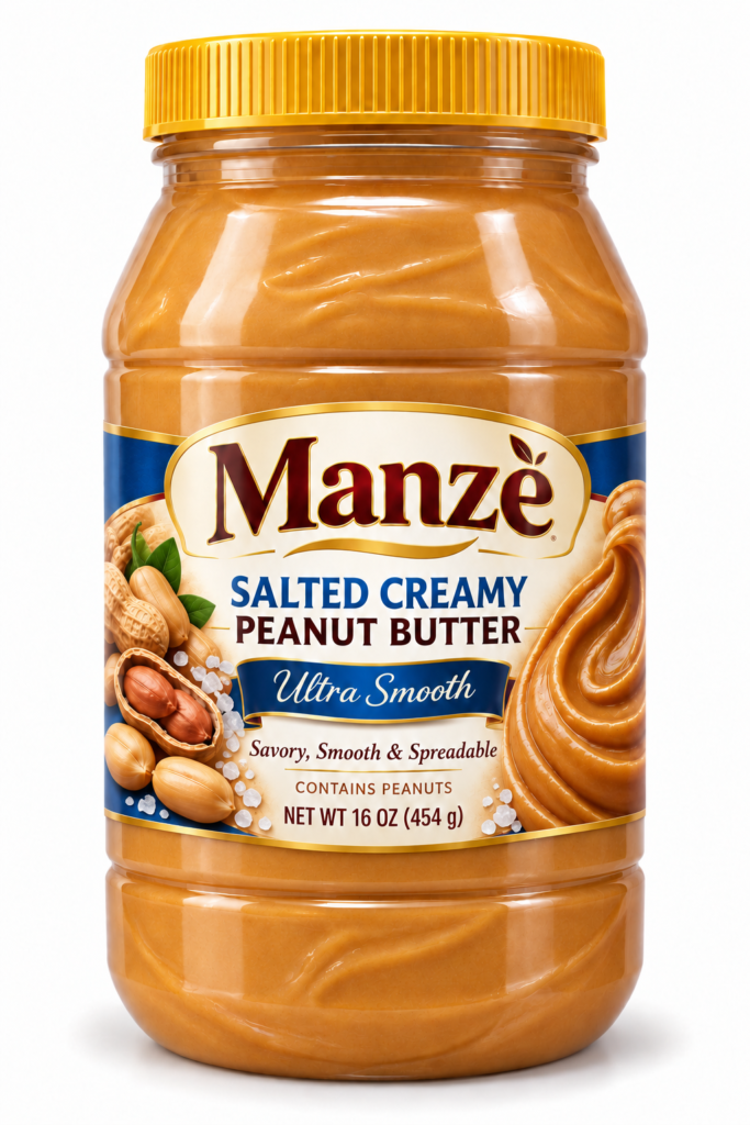 Manzè Salted Creamy Peanut Butter – Ultra Smooth, 16 oz (454 g)