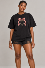 Women’s Oversized Graphic T-Shirt – Satin Bow & Pearl Heart - Image 5