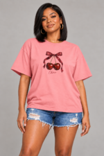 Women’s Oversized Graphic T-Shirt – Chérie Cherry Bow - Image 2
