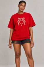 Women’s Oversized Graphic T-Shirt – Satin Bow & Pearl Heart - Image 4