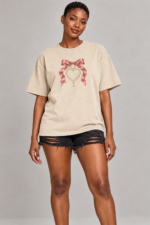 Women’s Oversized Graphic T-Shirt – Satin Bow & Pearl Heart - Image 2