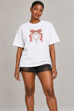 Women’s Oversized Graphic T-Shirt – Satin Bow & Pearl Heart